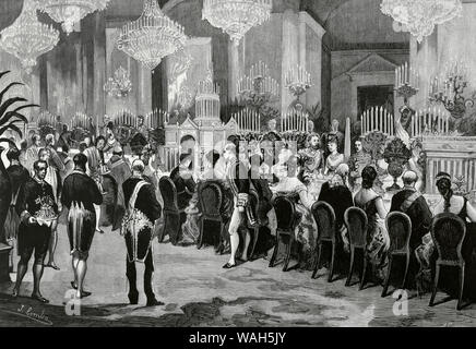 Visit of the Prince of Wales to Spain. Madrid. Royal banquet offered by King Alfonso XII (1857-1885) to the Prince Albert Edward (1841-1910), future Edward VII. It was held in the Column Hall of the Royal Palace, in the evening of April 26, 1876. Drawing by Juan Comba (1852-1924). Engraving by Arturo Carretero (1852-1903). La Ilustracion Española y Americana, Mai 8, 1876. Stock Photo