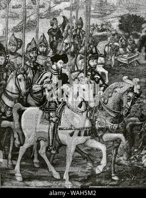 'Conquest of Tunis'. Emperor Charles V expedition in June 1535 to recover Tunisia from the Ottoman admiral Barbarossa. Engraving after a fragment of a tapestry from the series entitled 'History of the Conquest of Tunisia' (Flemish school), located in the Royal Palace of Madrid, Spain. Charles V arrived in Barcelona on April 3, 1535. Depiction of the review of troops in Barcelona on May 14, formed by gentle knights. Emperor Charles V reviewing the troops before they embark on the Portuguese caravels, the Genoese galleys and the Castilian ships. Actually this event took place in La Laguna, just Stock Photo