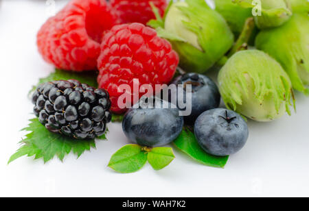 Mix of juicy forest berries and nuts: Raspberries, Blueberries, Blackberry with tiny green leaves and green hazelnuts. Close up, isolated on white. Stock Photo