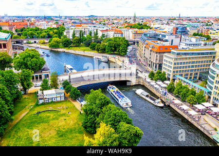 Skyline aerial view of Spree River and Museum island in Berlin city, Germany. Berlin touristic tour boats on the river. View from Berliner Dom Stock Photo