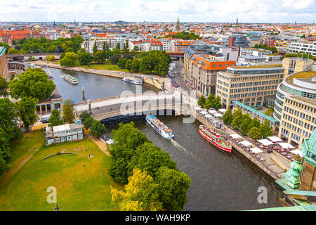 Skyline aerial view of Spree River and Museum island in Berlin city, Germany. Berlin touristic tour boats on the river. View from Berliner Dom Stock Photo