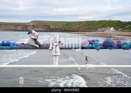 A detail of a community yarn-bombing endeavour at Saltburn, celebrating the 150th anniversary of the pier. Stock Photo