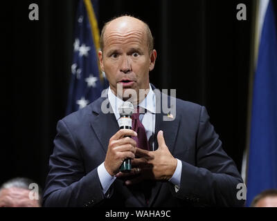 Sioux City, IOWA, USA. 20th Aug, 2019. 2020 Democratic presidential hopeful former Congressman John Delaney (D-MD) speaks at the Frank LaMere Native American Presidential Forum 2019 at the Orpheum Theatre Tuesday, Aug. 20, 2019 in Sioux City, Iowa. Credit: Jerry Mennenga/ZUMA Wire/Alamy Live News Stock Photo