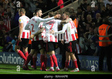 ROCHDALE, ENGLAND. AUG 20TH Sunderland celebrate with fans after scoring the second goal during the Sky Bet League 1 match between Rochdale and Sunderland at Spotland Stadium, Rochdale on Tuesday 20th August 2019. (Credit: Luke Nickerson | MI News) Credit: MI News & Sport /Alamy Live News Stock Photo