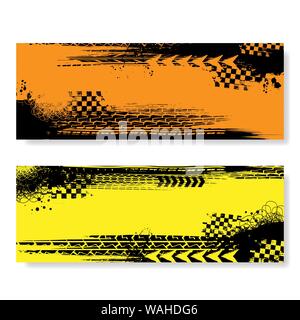 Orange and yellow banners set with black grunge tire tracks Stock Vector