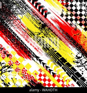 Abstract background with red, yellow and black grunge splashes and tire tracks Stock Vector