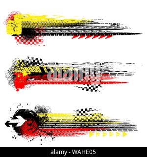 Three different grunge tire track banners with color ink blots elements isolated on white background Stock Vector