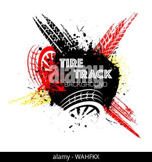 Black red and yellow grunge tire tracks frame with text Stock Vector