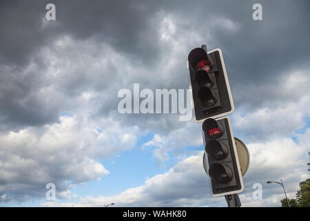 Bus traffic light from France, obeying by European road standards, indicating red light for buses, coahces and public transportation and all the vehic Stock Photo