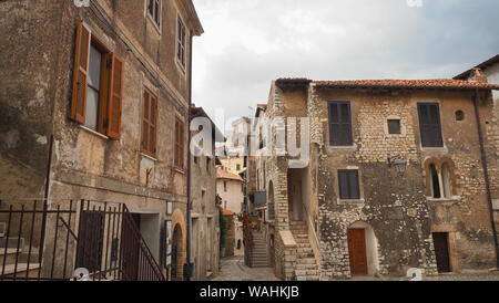 Small, ancient town Sermoneta with old medieval houses and narrow stone paved street, province of Latina, Lazio region, central Italy. Tourism concept Stock Photo