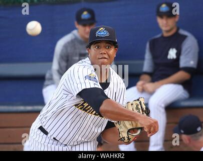 Trenton, New Jersey, USA. 20th Aug, 2019. RONY GARCIA, a starting pitcher for the Trenton Thunder, warms up in the bullpen before the game vs. the New Hampshire Fisher Cats at ARM & HAMMER Park. Credit: Staton Rabin/ZUMA Wire/Alamy Live News Stock Photo