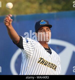 Trenton, New Jersey, USA. 20th Aug, 2019. RONY GARCIA, seen here warming up before the game, was the starting pitcher for the Trenton Thunder tonight vs. the New Hampshire Fisher Cats at ARM & HAMMER Park. Credit: Staton Rabin/ZUMA Wire/Alamy Live News Stock Photo