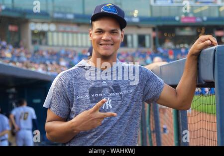 Trenton, New Jersey, USA. 20th Aug, 2019. ALBERT ABREU, a pitcher for the Trenton Thunder, in the dugout before a game tonight vs. the New Hampshire Fisher Cats at ARM & HAMMER Park. Credit: Staton Rabin/ZUMA Wire/Alamy Live News Stock Photo