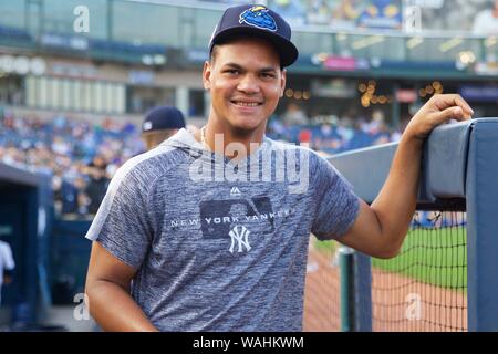 Trenton, New Jersey, USA. 20th Aug, 2019. ALBERT ABREU, a pitcher for the Trenton Thunder, in the dugout before a game tonight vs. the New Hampshire Fisher Cats at ARM & HAMMER Park. Credit: Staton Rabin/ZUMA Wire/Alamy Live News Stock Photo