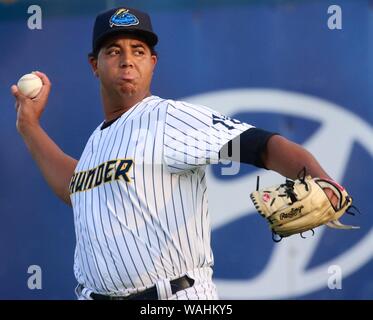 Trenton, New Jersey, USA. 20th Aug, 2019. Pitcher RONY GARCIA of the Trenton Thunder warming up before starting the game tonight vs. the New Hampshire Fisher Cats at ARM & HAMMER Park. Credit: Staton Rabin/ZUMA Wire/Alamy Live News Stock Photo