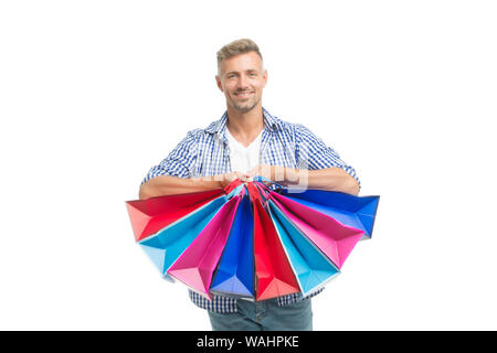 Did not resist temptation. Total sale. Positive man enjoying shopping. Happy man with shopping bags isolated white. Excited guy doing shopping. Shopping happiness. Nice purchase. Gifts for holidays.