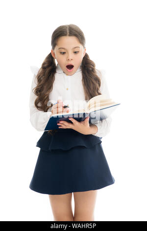 Made mistake. Focused on education. Kid girl student study. Study in primary school. Private lesson. Adorable child schoolgirl. Formal education concept. School education basics. Shocking failure. Stock Photo