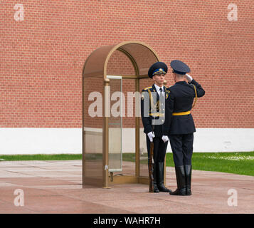 Moscow, Russia - July 20, 2019: Changing guards in Alexander's Garden near eternal flame Stock Photo
