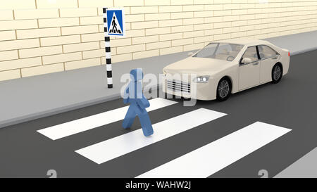 3D illustration of an autonomous car stopped at crosswalk Stock Photo