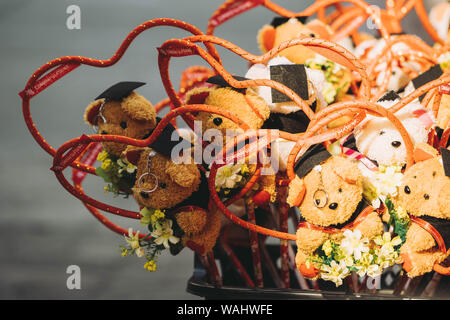 Bunches of teddy bears dressed up in  convocation gown as graduation gift Stock Photo