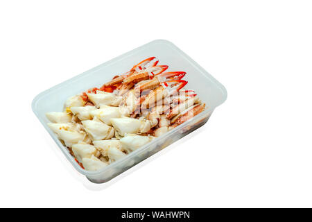 Steamed crab meat pack in plastic box for delivery. Seafood ready to eat delivery business. Steamed lump crab meat in disposable plastic container. Se Stock Photo