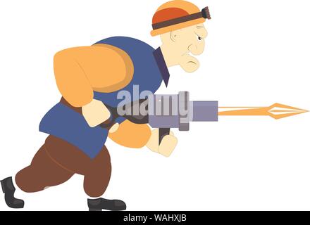 Miner builder worker with air hammer. Cartoon character with aggressive face. Mining of ore, diamonds, crypto currency or other block chain money Stock Vector