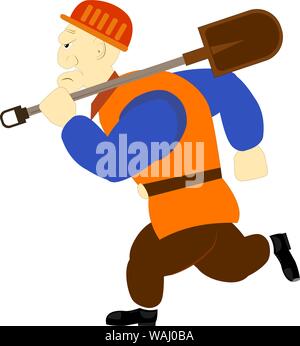 Miner builder worker with shovel. Cartoon character with aggressive face. Mining of ore, diamonds, crypto currency or other block chain money Stock Vector