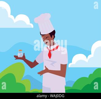 man chef holding salt cooking outdoor vector illustration Stock Vector