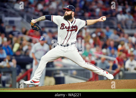 August 14, 2019: Atlanta Braves pitcher Dallas Keuchel delivers a pitch during the second inning of a MLB game against the New York Mets at SunTrust Park in Atlanta, GA. Austin McAfee/CSM Stock Photo