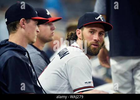 August 14, 2019: Atlanta Braves outfielder Charlie Culberson watches from the dugout during the second inning of a MLB game against the New York Mets at SunTrust Park in Atlanta, GA. Austin McAfee/CSM Stock Photo