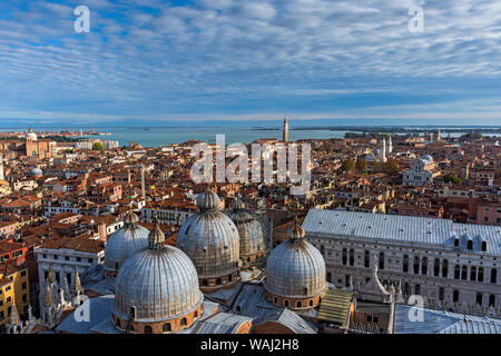 View of Venice over the domes of the Basilica di San Marco, from the Campanile di San Marco (bell tower), Saint Mark's Square, Venice, Italy Stock Photo