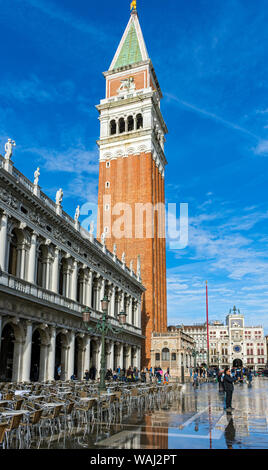St Mark's Campanile (Campanile di San Marco) the bell tower of St Mark's Basilica, from the Biblioteca building, Piazzetta di San Marco, Venice, Italy Stock Photo