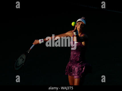 Flushing Meadows, New York - Spain's Georgina Garcia Perez scrambles for a forehand return to Jaqueline Cristian of, Romania. 20th Aug, 2019. during their first round US Open qualifying match at the National Tennis Center in Flushing Meadows, New York. The tournament begins next Monday. Credit: Adam Stoltman/Alamy Live News Stock Photo