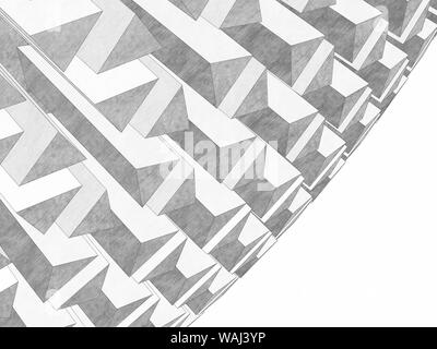 Abstract white graphic background with round structure and blank copy-space area on the right side. Graphite pencil stylized 3d rendering illustration Stock Photo