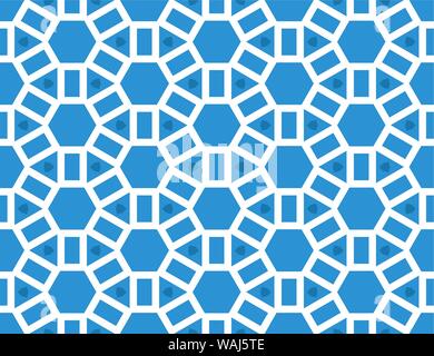 Vector seamless geometric pattern. Shaped white hexagons, triangles and rectangles on blue background. Stock Vector
