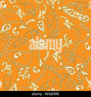 Golden baroque flourishes and chains mixed on yellow backdrop. Trendy seamless pattern. Stock Vector