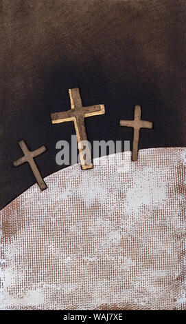 A relief sculpture the three crosses on the Calvary by Lubo Michalko. Displayed in the Quo Vadis Catholic House. Stock Photo