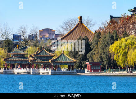 Five Dragon Pavilions, Beihai Lake Park, Jade Flower Island, Beijing, China. Beihai Park was created in 1000 AD. Stock Photo