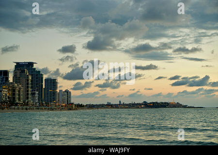 Israel, Tel Aviv at sunset, from Tel Aviv beach, Jaffa in the distance Stock Photo