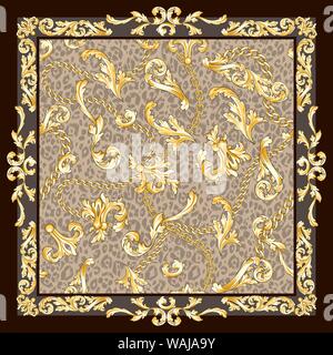 Retro design carf with gold baroque flourishes and chains on leopard backdrop. Square fashion print. Vintage pattern. Stock Vector