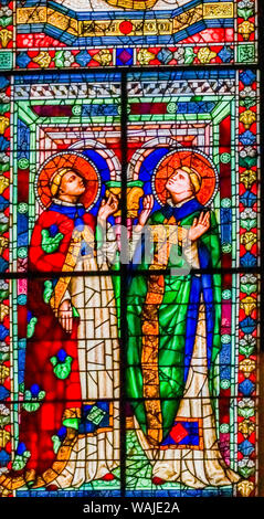 Monks and Saints stained glass, Florence, Italy. Stained glass from 1400 to 1500's. Stock Photo
