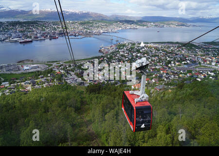 Tromso, Norway. The cable car runs from Solliveien in Tromsdalen up to the mountain ledge Storsteinen (421 meters above sea. Tromso is considered to be the gateway to the Arctic Stock Photo