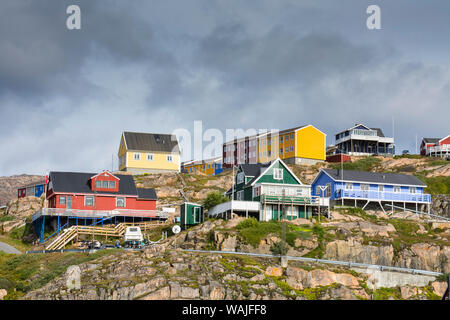 Greenland. Sisimiut. Colorful houses high on the rocky hills. Stock Photo