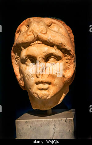 Marble head of Alexander the Great bust, 300 BC, wearing lion skin. National Archaeological Museum, Athens, Greece. From Kerameikos. Macedonian king created one of great empires in history. Stock Photo