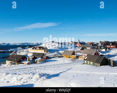 View over the old town and the colonial harbour. Nuuk, capital of Greenland. Stock Photo