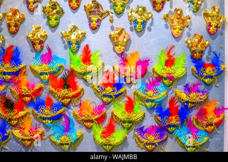 Small Venetian mask magnets, Venice, Italy. Used since the 1200's for Carnival, which were celebrated just before Lent. In ancient times, masks allowed the Venetians to do what was illegal, such as gambling. Stock Photo