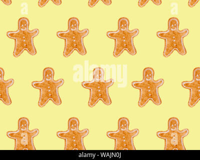 Seamless watercolor pattern with brown christmas gingerbread men. New year festive background. Template for fabric or wrapping paper print. Hand drawn Stock Photo