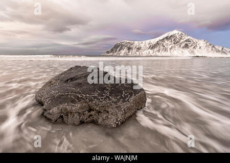 Norway, Lofoten. Beach on the southern coast of Moskenes Island yield beautiful patterns in the sand. Stock Photo