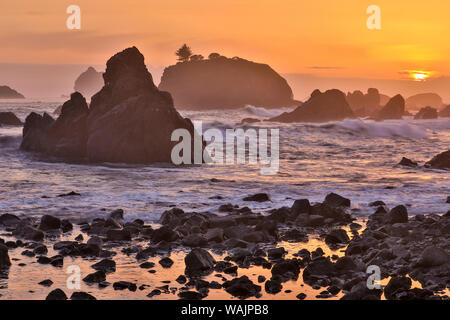 Sunset and sea stacks along Northern California coastline, Crescent City Stock Photo