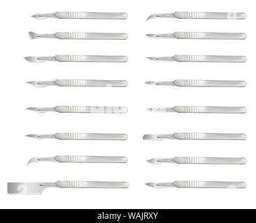 Set of surgical scalpels with removable blades of various shapes. Medical operating hand tool. Realistic objects on a white background. Vector Stock Vector